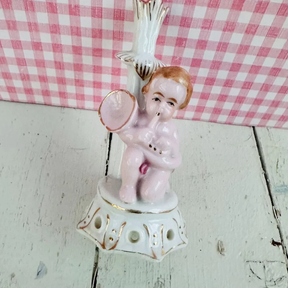 Vintage Japan Cherub Bud Vase Angel Figurine Pink Porcelain Rosebud Vase